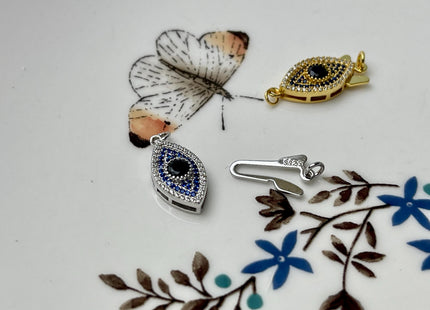 8x10 mm Silver/Gold-Plated 925 Sterling Silver Fishook Clasp With Evil Eye Design Finding Clasp #10304