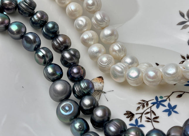 13-15 mm Jumbo Ringed Potato Freshwater Pearl Beads 2.0 mm Hole,Natural White, Light Pink OR Peacock,Ringed Large Hole Pearl #592