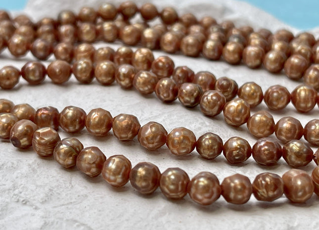 5 mm Rare Faceted Gold Champagne Color Semi Round Freshwater Pearl Beads Genuine Faceted Freshwater Pearls #P2814