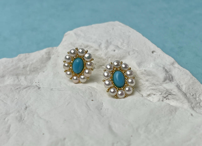 Natural White Freshwater Pearl W/Turquoise Stud Earring .925 Sterling Gold Earring Pearl Earrings Bridal Earrings #10047-G