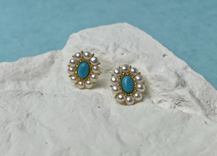 Natural White Freshwater Pearl W/Turquoise Stud Earring .925 Sterling Gold Earring Pearl Earrings Bridal Earrings #10047-G