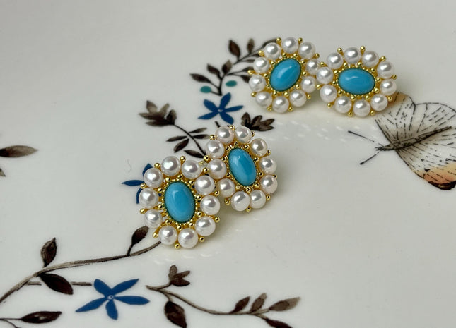 Natural White Freshwater Pearl W/Turquoise Stud Earring .925 Sterling Gold Earring Pearl Earrings Bridal Earrings #10047-G