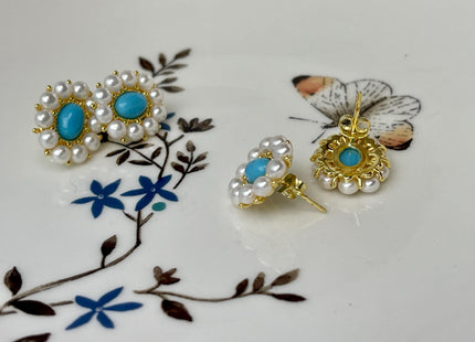 Natural White Freshwater Pearl W/Turquoise Stud Earring .925 Sterling Gold Earring Pearl Earrings Bridal Earrings #10047-G