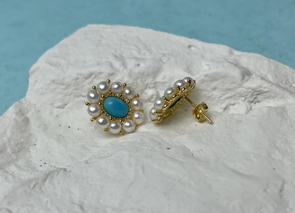 Natural White Freshwater Pearl W/Turquoise Stud Earring .925 Sterling Gold Earring Pearl Earrings Bridal Earrings #10047-G