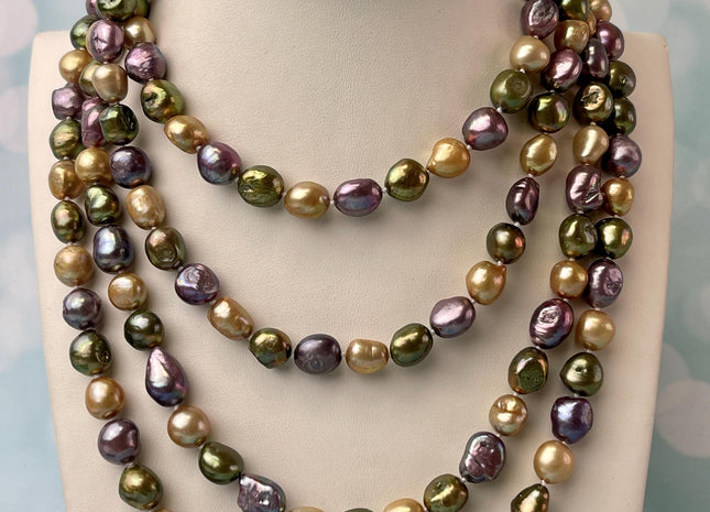 8-9x10-11 mm 40/54/64 Inches Hand Knotted Mixed Purple Green Champagne Color Rice Nugget Freshwater Pearl Necklaces #P2855