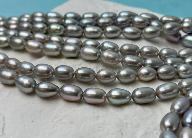 7x9-12 mm AAAA Silver Gray Color W/Pink Luster Freshwater Pearls Long Rice/Oval Pearl Beads Genuine High Quality Pearls #P2826