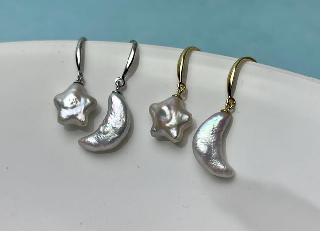 Natural White Mauve Pink Freshwater Pearls Baroque Star Moon Coin shape Dangle Drop Earrings W/Silver Gold Vermeil Jewelry #P2838