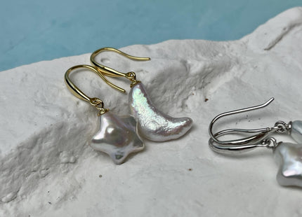 Natural White Mauve Pink Freshwater Pearls Baroque Star Moon Coin shape Dangle Drop Earrings W/Silver Gold Vermeil Jewelry #P2838
