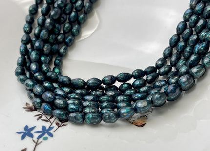 5.5-6x8-9 mm AA Prussian Blue Color Faceted Freshwater Pearls Rice/Oval Shape Pearl Beads Genuine Freshwater Pearls 48 Beads #P2835