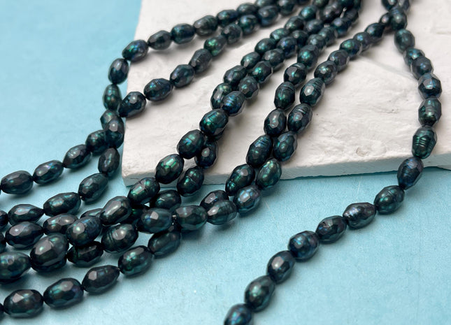 5.5-6x8-9 mm AA Prussian Blue Color Faceted Freshwater Pearls Rice/Oval Shape Pearl Beads Genuine Freshwater Pearls 48 Beads #P2835