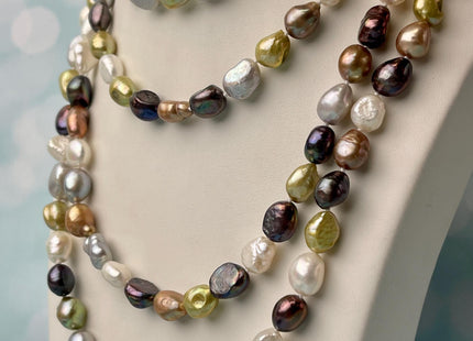 8-9x10-11 mm 64 Inches Hand Knotted Mixed White Green Gray Peacock Champagne Color Rice Nugget Freshwater Pearl Necklaces #P2856