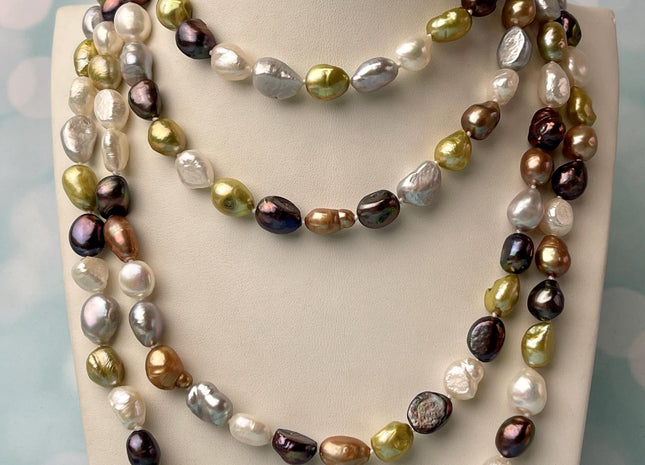 8-9x10-11 mm 64 Inches Hand Knotted Mixed White Green Gray Peacock Champagne Color Rice Nugget Freshwater Pearl Necklaces #P2856