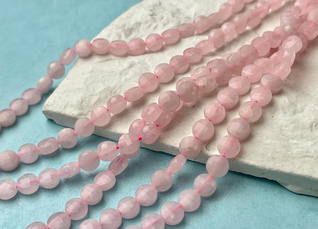 6mm Micro Faceted Diamond Cut Pink Color Rose Quartz Flat Coin Disc Shape 15.5 Inches Strand 60 Beads #4536