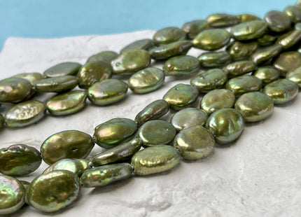 9-10x12-15 mm Half Strand Large Hole Sage Green Oval Flat Coin Pearl Hole Size 1.5mm 2.2mm Freshwater Coin Pearl 14 Beads #P2841