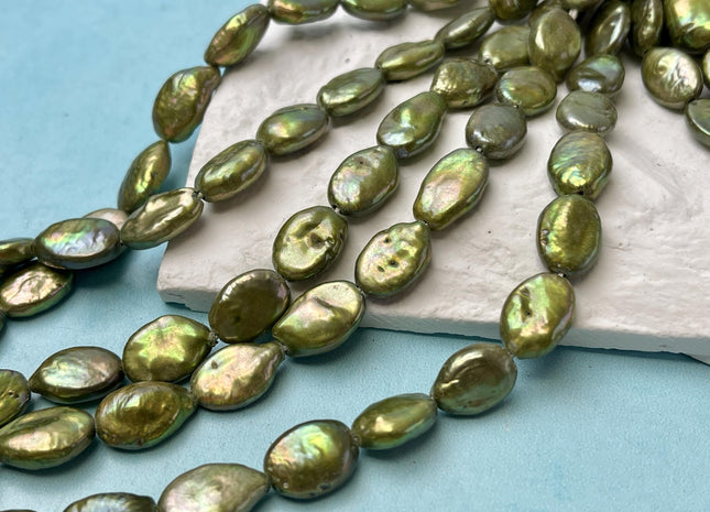 10x13-14 mm Half Strand Large Hole Sage Green Oval Flat Coin Pearl Hole Size 1.5mm Genuine Freshwater Coin Pearl 15 Beads #P2841