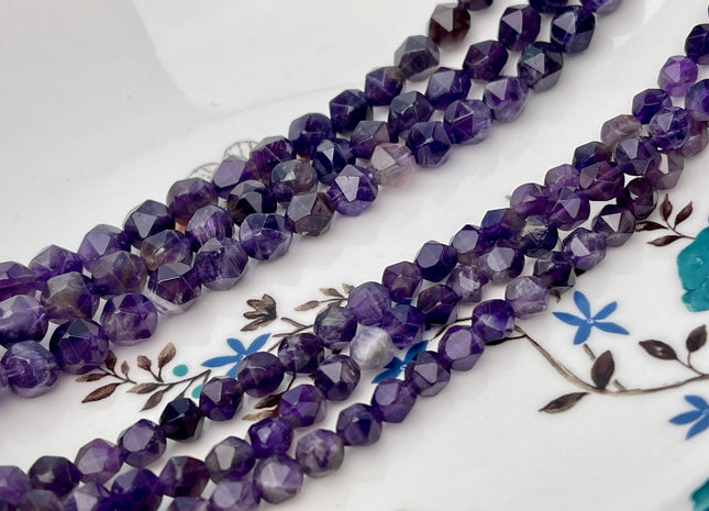6mm 8mm Faceted Star Cut Purple Amethyst Gemstone Beads 15 Inches Strand #4543
