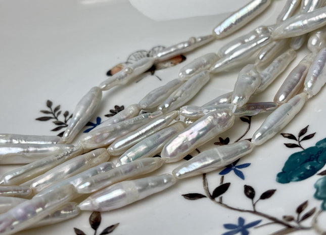 6-6.5x23-25mm Natural White Biwa Stick Freshwater Pearl Beads Genuine Biwa Rectangle Stick Pearls 15-16 Beads #P2863