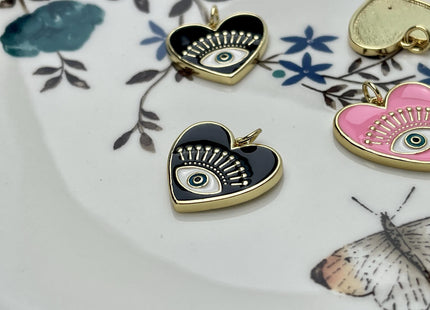 Evil Eye Heart Design Charms for Necklace Jewelry Making, 18K Gold Plated Charm Enamel Colored Medallion Pendant for DIY, One Piece #CR0082