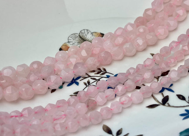 6mm 8mm Faceted Star Cut Pink Rose Quartz Gemstone Beads 15 Inches Strand #4548