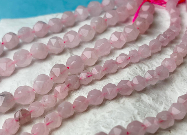 6mm 8mm Faceted Star Cut Pink Rose Quartz Gemstone Beads 15 Inches Strand #4548