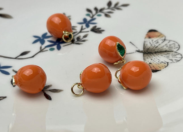 Orange Fruit Design Charms for Necklace Jewelry Making, 18K Gold Plated Charm Enamel Colored Medallion Pendant for DIY, One Piece #CR0092