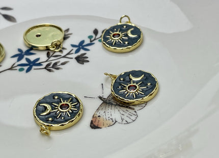 Sun Moon Stars Design Charms for Necklace Jewelry Making, 18K Gold Plated Charm Enamel Colored Medallion Pendant With CZ, One Piece #CR0093
