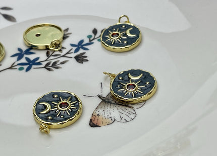 Sun Moon Stars Design Charms for Necklace Jewelry Making, 18K Gold Plated Charm Enamel Colored Medallion Pendant With CZ, One Piece #CR0093