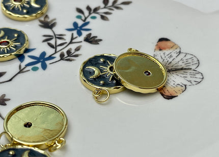 Sun Moon Stars Design Charms for Necklace Jewelry Making, 18K Gold Plated Charm Enamel Colored Medallion Pendant With CZ, One Piece #CR0093