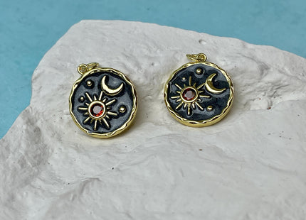 Sun Moon Stars Design Charms for Necklace Jewelry Making, 18K Gold Plated Charm Enamel Colored Medallion Pendant With CZ, One Piece #CR0093