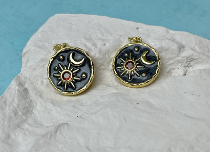 Sun Moon Stars Design Charms for Necklace Jewelry Making, 18K Gold Plated Charm Enamel Colored Medallion Pendant With CZ, One Piece #CR0093