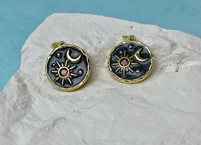 Sun Moon Stars Design Charms for Necklace Jewelry Making, 18K Gold Plated Charm Enamel Colored Medallion Pendant With CZ, One Piece #CR0093