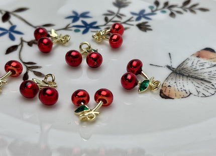 Red Cherry Fruit Design Charms for Necklace Jewelry Making, 18K Gold Plated Charm Enamel Colored Medallion Pendant, One Piece #CR0094