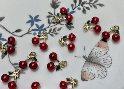 Red Cherry Fruit Design Charms for Necklace Jewelry Making, 18K Gold Plated Charm Enamel Colored Medallion Pendant, One Piece #CR0094