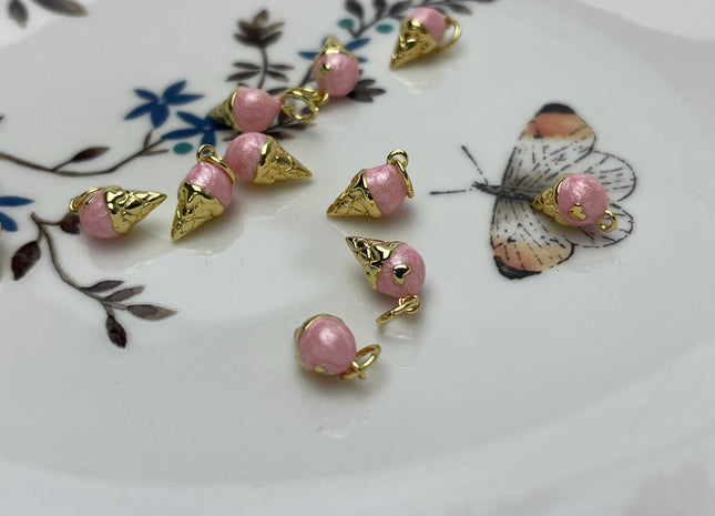 Pink Ice Cream Design Charms for Necklace Jewelry Making, 18K Gold Plated Charm Enamel Colored Medallion Pendant for DIY, One Piece #CR0086