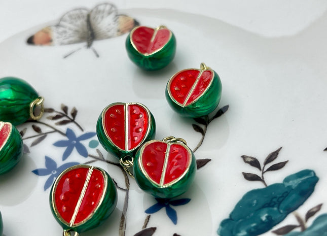 Watermelon Fruit Design Charms for Necklace Jewelry Making, 18K Gold Plated Charm Enamel Colored Medallion Pendant, One Piece #CR0090