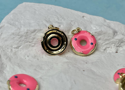 Pink Donut Design Charms for Necklace Jewelry Making, 18K Gold Plated Charm Enamel Colored Medallion Pendant for DIY, One Piece #CR0087