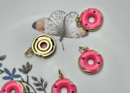 Pink Donut Design Charms for Necklace Jewelry Making, 18K Gold Plated Charm Enamel Colored Medallion Pendant for DIY, One Piece #CR0087