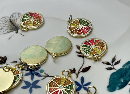 Lemon Slice Design Charms for Necklace Jewelry Making, 18K Gold Plated Charm Enamel Colored Medallion Pendant for DIY, One Piece #CR0083