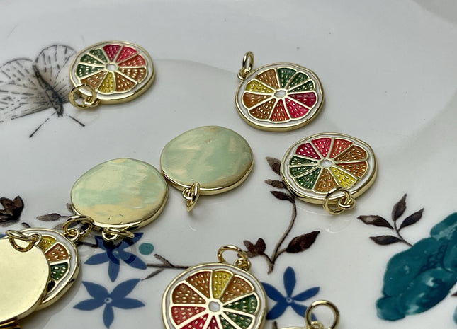 Lemon Slice Design Charms for Necklace Jewelry Making, 18K Gold Plated Charm Enamel Colored Medallion Pendant for DIY, One Piece #CR0083