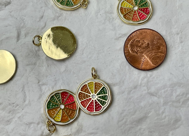 Lemon Slice Design Charms for Necklace Jewelry Making, 18K Gold Plated Charm Enamel Colored Medallion Pendant for DIY, One Piece #CR0083