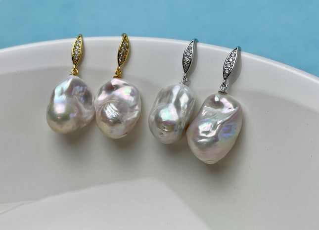 One Pair 925 Sterling Silver Earring Setting With CZ Genuine 925 Sterling Silver Earring Hook Findings For Half Drilled Pearls #10348-B