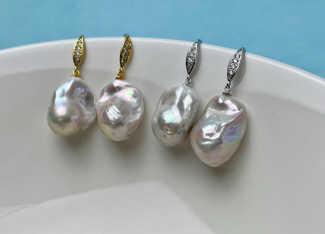 One Pair 925 Sterling Silver Earring Setting With CZ Genuine 925 Sterling Silver Earring Hook Findings For Half Drilled Pearls #10348-B
