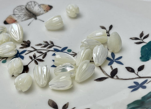 5 Pieces 7x8mm 8x11mm Tulip Flower Bud Shape Natural Mother of Pearl Gemstones Beads Genuine MOP Gemstones Drilled Loose Beads #4561