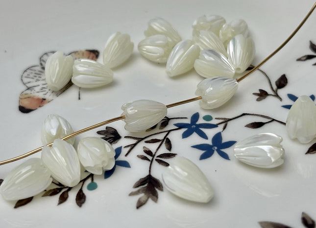 5 Pieces 7x8mm 8x11mm Tulip Flower Bud Shape Natural Mother of Pearl Gemstones Beads Genuine MOP Gemstones Drilled Loose Beads #4561