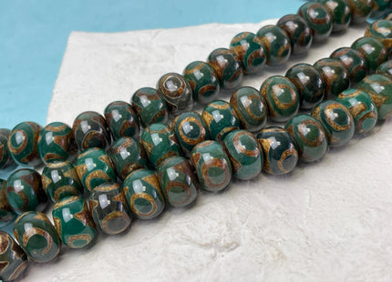 10x14 mm AAA DZI Tibetan Agate Faceted Drum Shape Dark Green Color Eye Agate Gemstone Mala Antique Boho Beads 12.5 Inches 34 Beads #3241