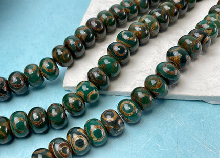 10x14 mm AAA DZI Tibetan Agate Faceted Drum Shape Dark Green Color Eye Agate Gemstone Mala Antique Boho Beads 12.5 Inches 34 Beads #3241