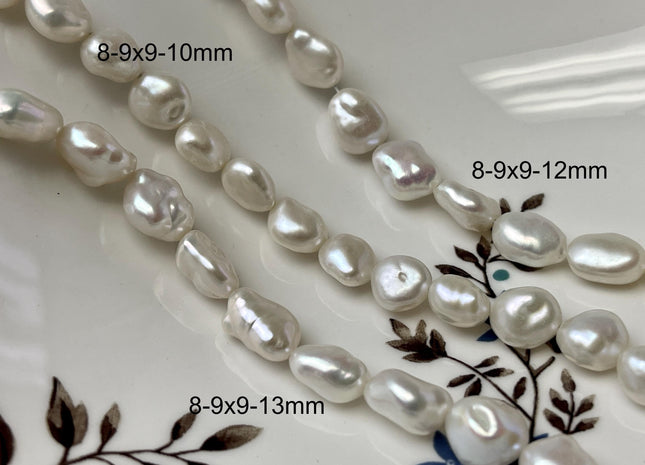 8-9x9-11mm AAA Half Strand High Luster Natural White Keshi Nugget Freshwater Pearl Beads Center Drilled Keshi Nugget Pearls #1779