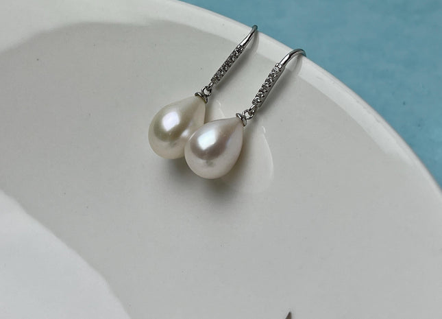 One Pair 925 Sterling Silver Earring Setting With CZ Genuine 925 Sterling Silver Earring Hook Findings For Half Drilled Pearls #10348-C