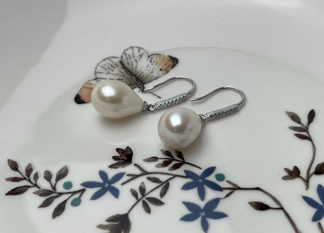 One Pair 925 Sterling Silver Earring Setting With CZ Genuine 925 Sterling Silver Earring Hook Findings For Half Drilled Pearls #10348-C