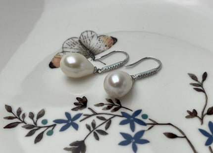 One Pair 925 Sterling Silver Earring Setting With CZ Genuine 925 Sterling Silver Earring Hook Findings For Half Drilled Pearls #10348-C